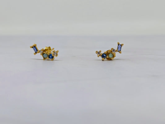 Yellow Gold Blue CZ + Opal Cluster Studs