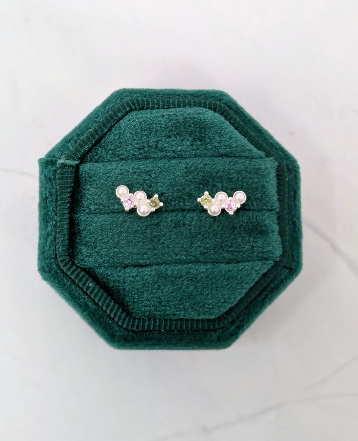 Silver Pearl, Peridot & Pink CZ Studs
