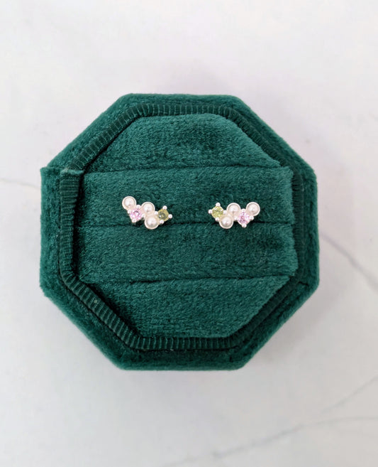 Silver Pearl, Peridot & Pink CZ Studs