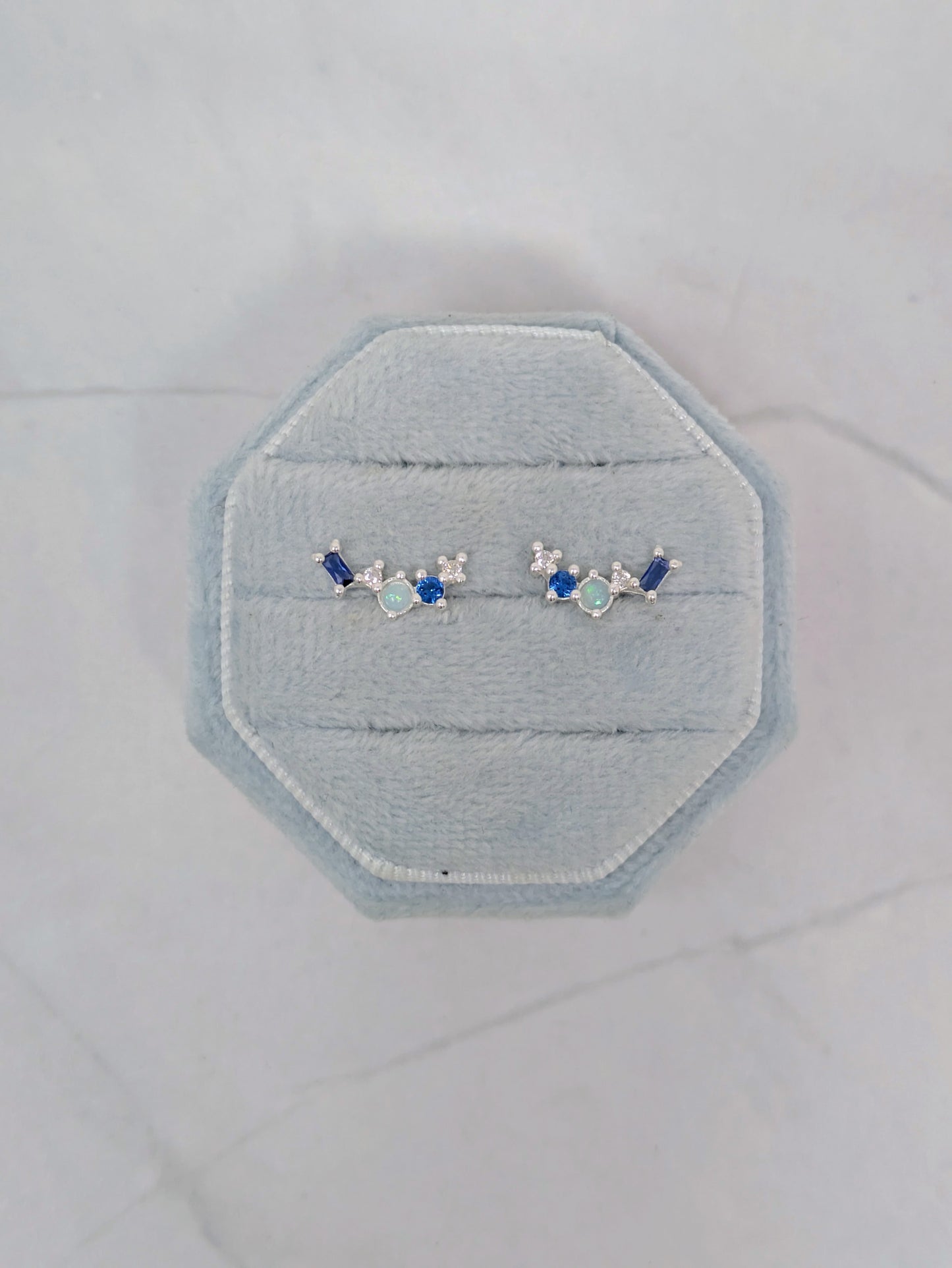 Silver Blue CZ + Opal Cluster Studs