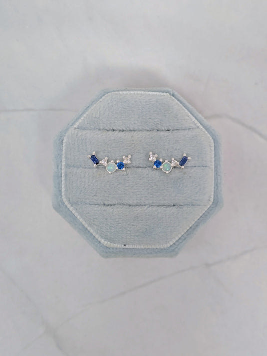 Silver Blue CZ + Opal Cluster Studs
