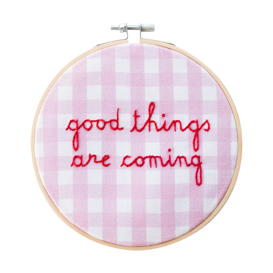 Good Things Are Coming Gingham Embroidery Hoop Kit