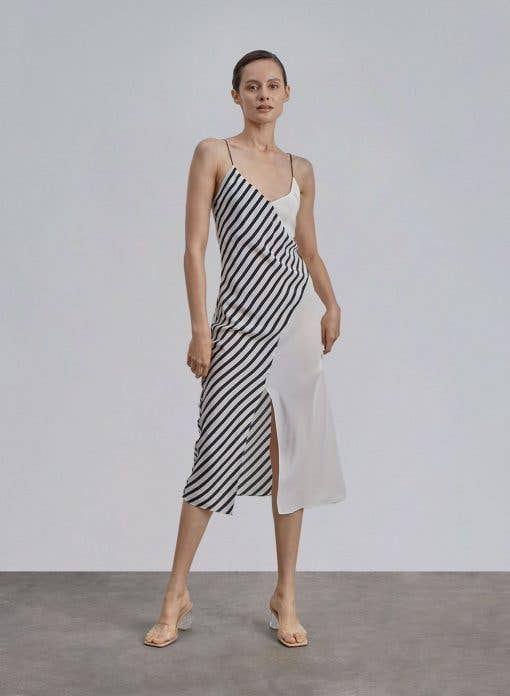 Contrast Stripe Silk Midi Dress