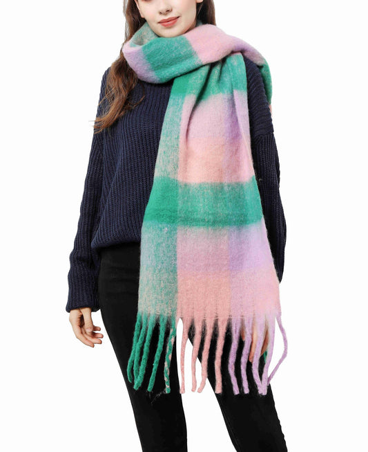 Green + Pink Cozy Fringe Scarf