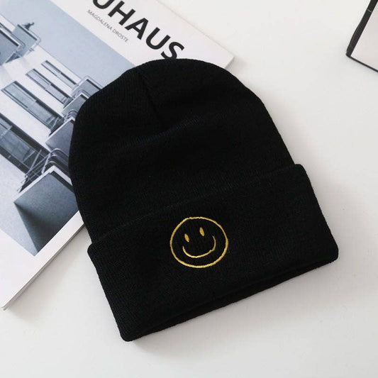 Black Smiley Embroidered Beanie