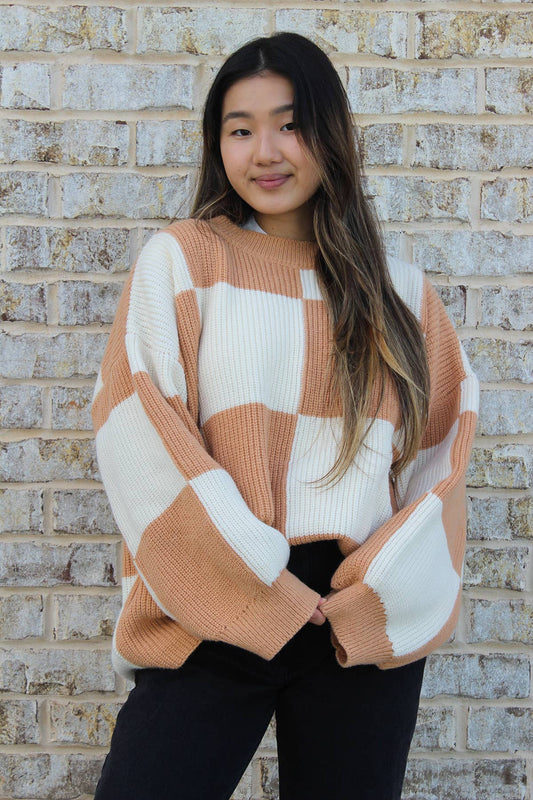 Tan Oversized Checkered Sweater