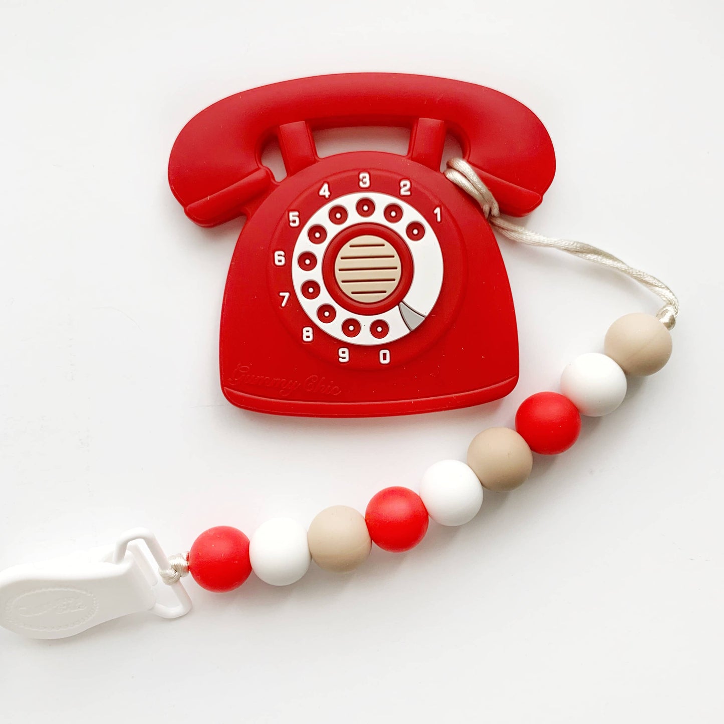 Red Rotary Dial Phone Teether with Clip