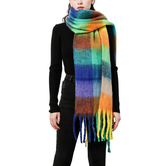Blue Green Plaid Cozy Fringe Scarf