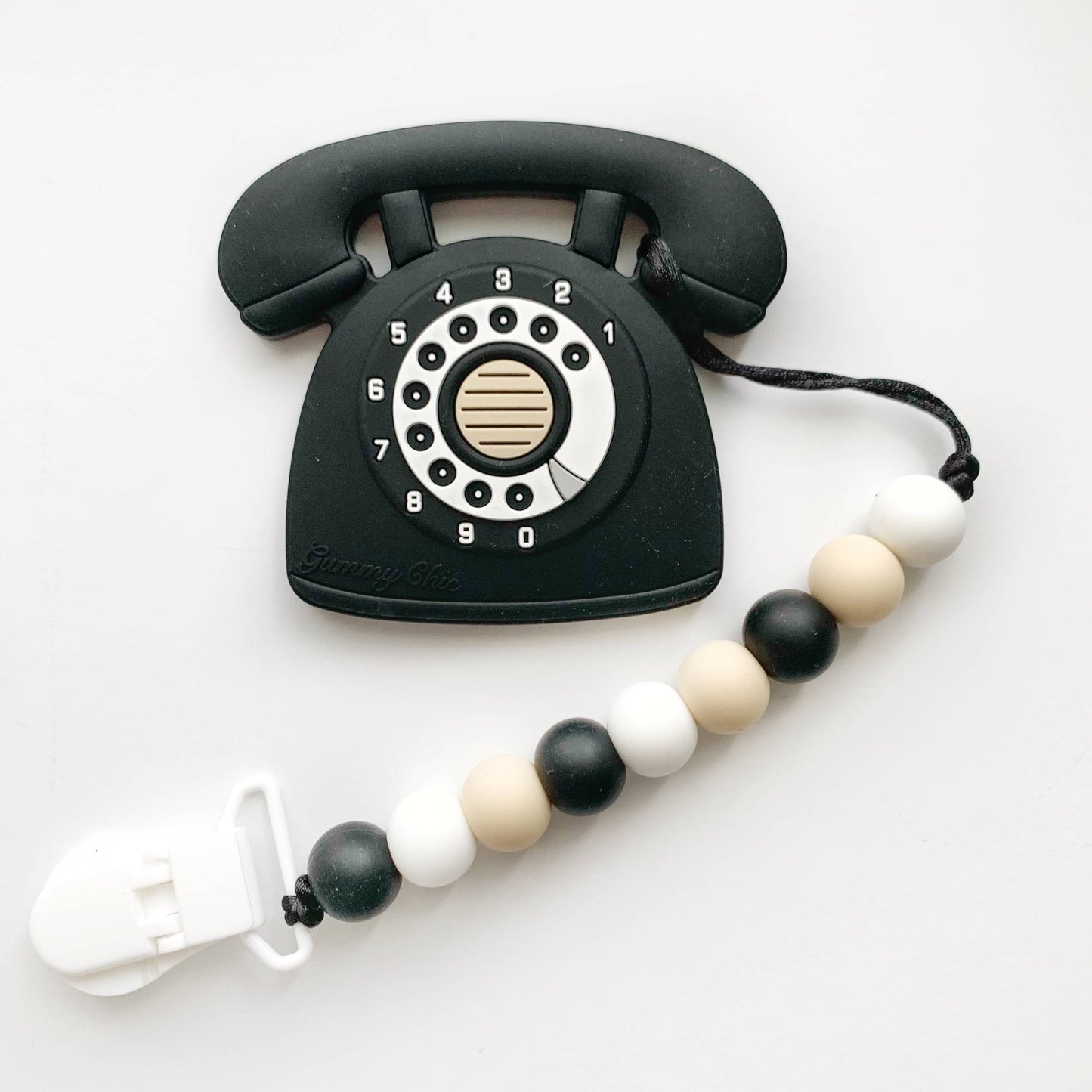 Black Rotary Dial Phone Teether with Clip