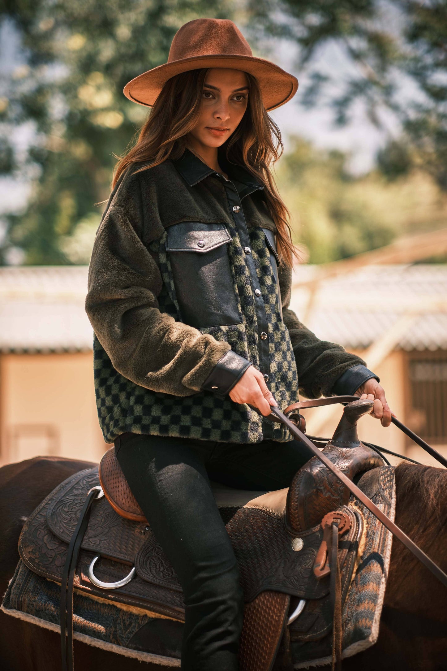 Olive Checkered Leather Jacket