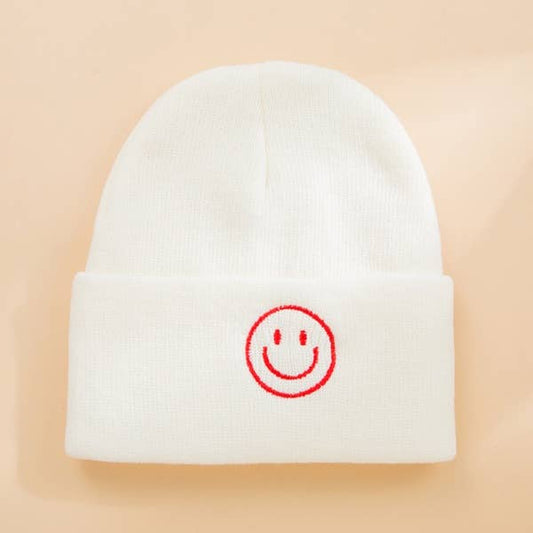 White Smiley Embroidered Beanie