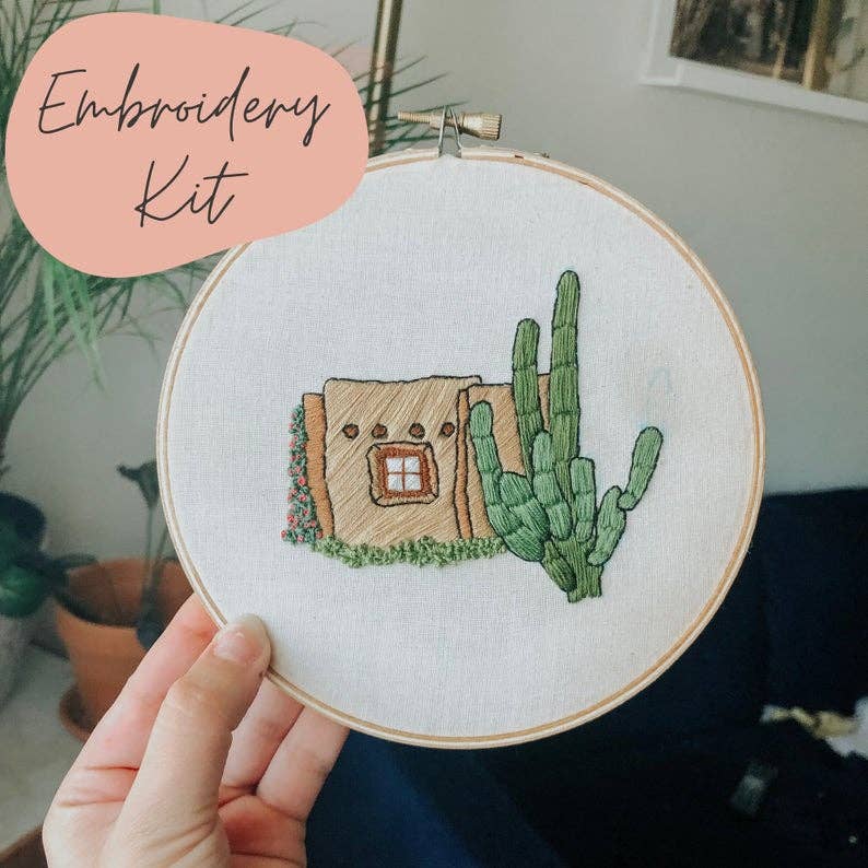 Adobe House & Cactus embroidery kit