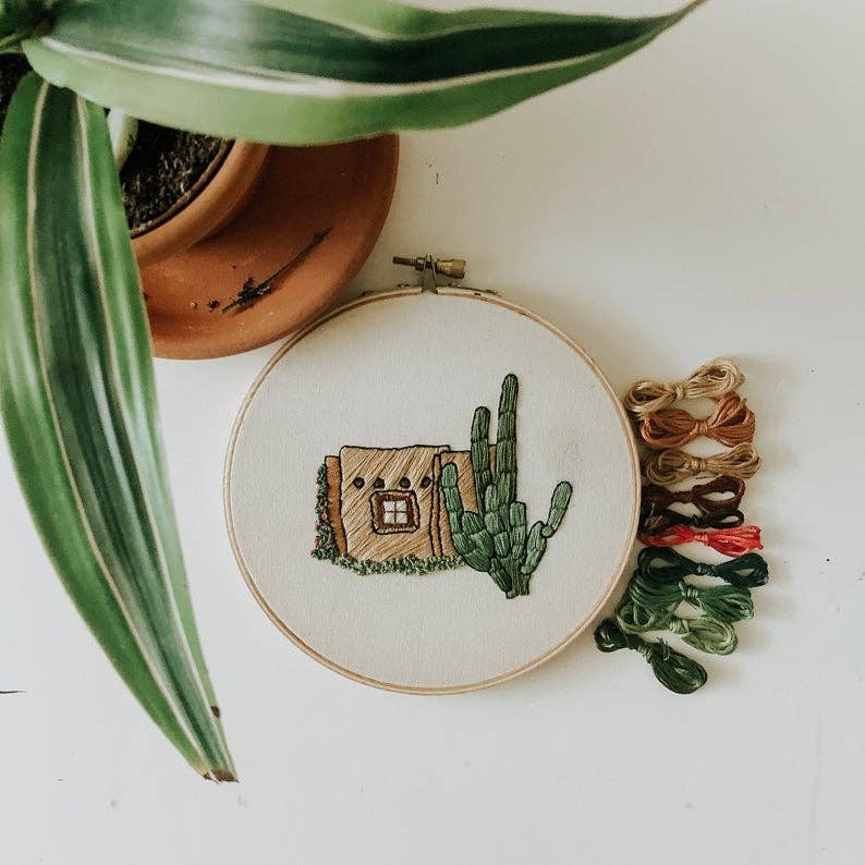 Adobe House & Cactus embroidery kit