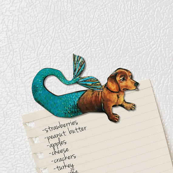 Dachshund Mermaid Wood Magnet