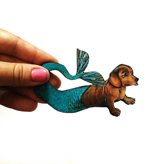 Dachshund Mermaid Wood Magnet