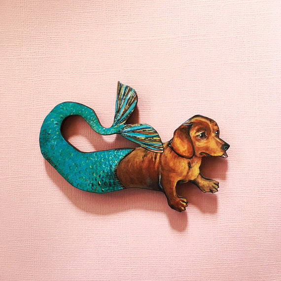 Dachshund Mermaid Wood Magnet