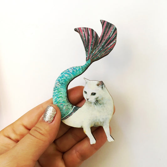 Mermaid Cat Wood Magnet