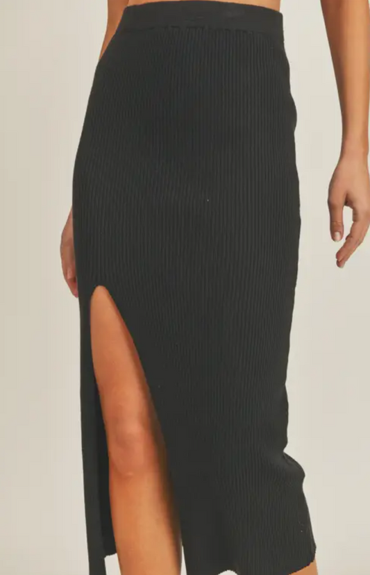 Black Ribbed Midi Skirt