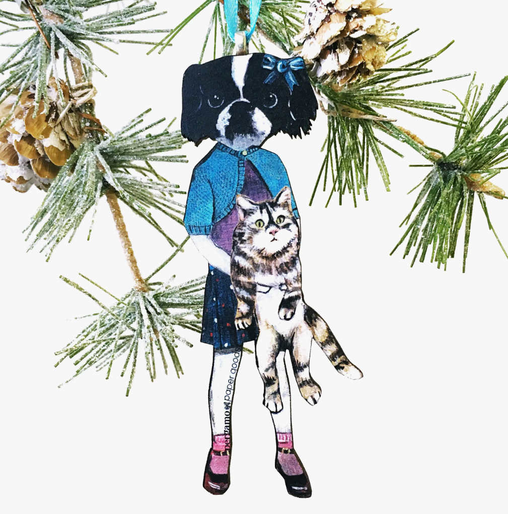 Dog Holding Cat Christmas Ornament