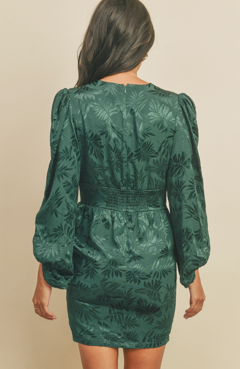 Emerald Green Jacquard Deep V Mini Dress