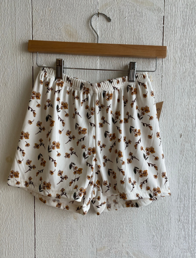 Meadow White Floral Ribbed Shorts