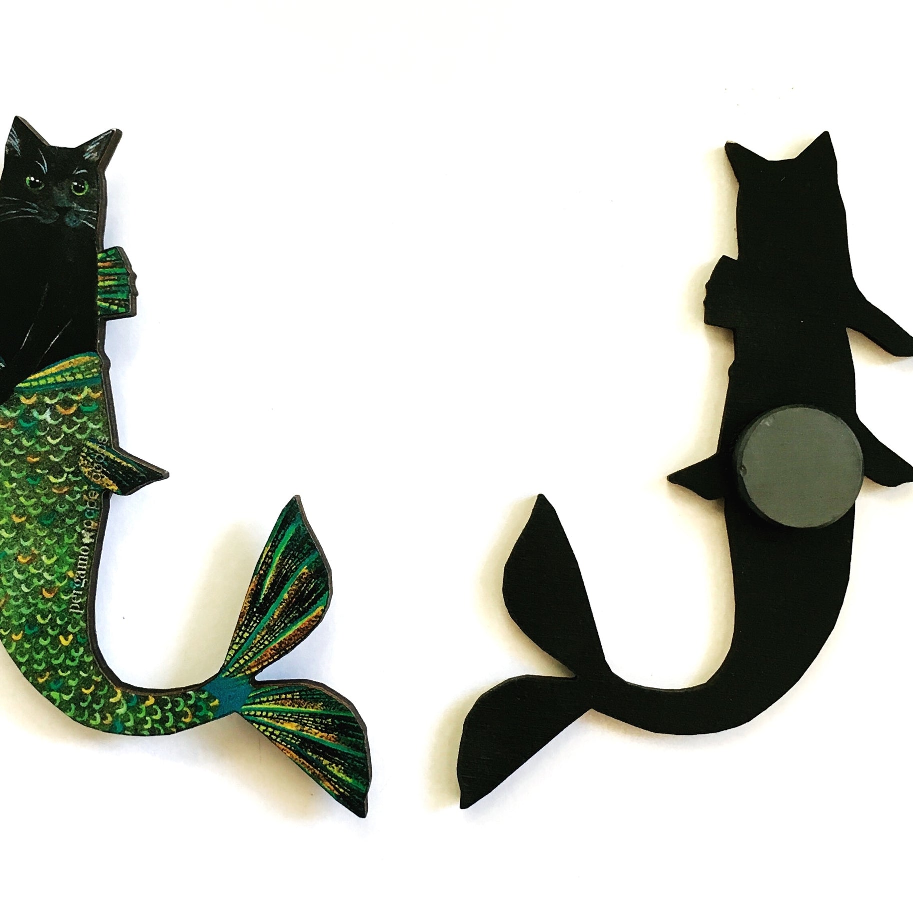 Black Cat Mermaid Wood Magnet