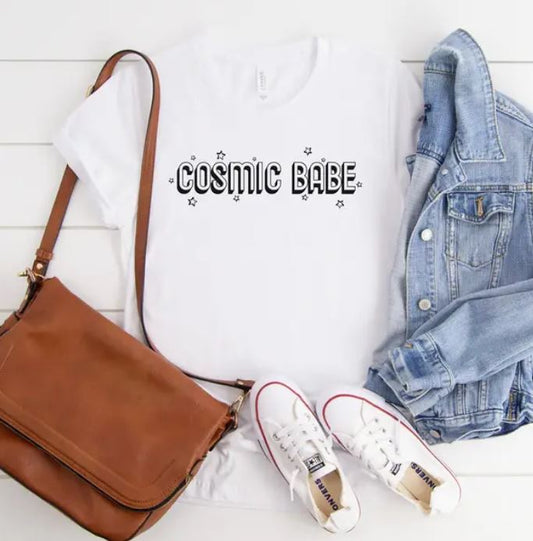 White tee with cosmic babe star design