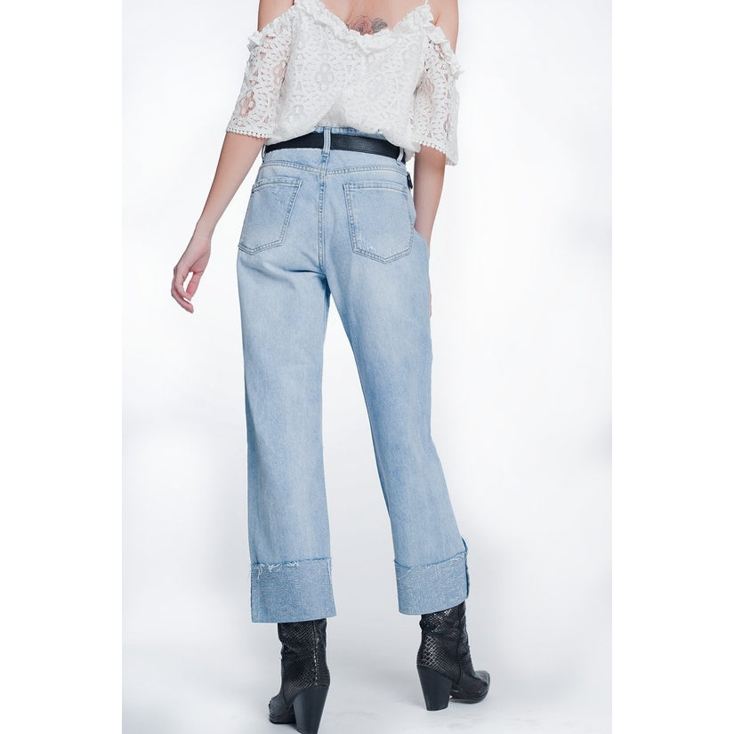 crystal hem straight leg jeans