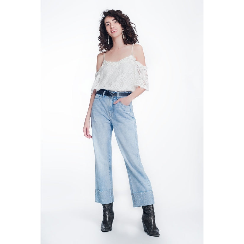 crystal hem straight leg jeans