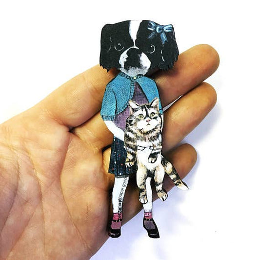 Dog Holding Cat Wood Magnet