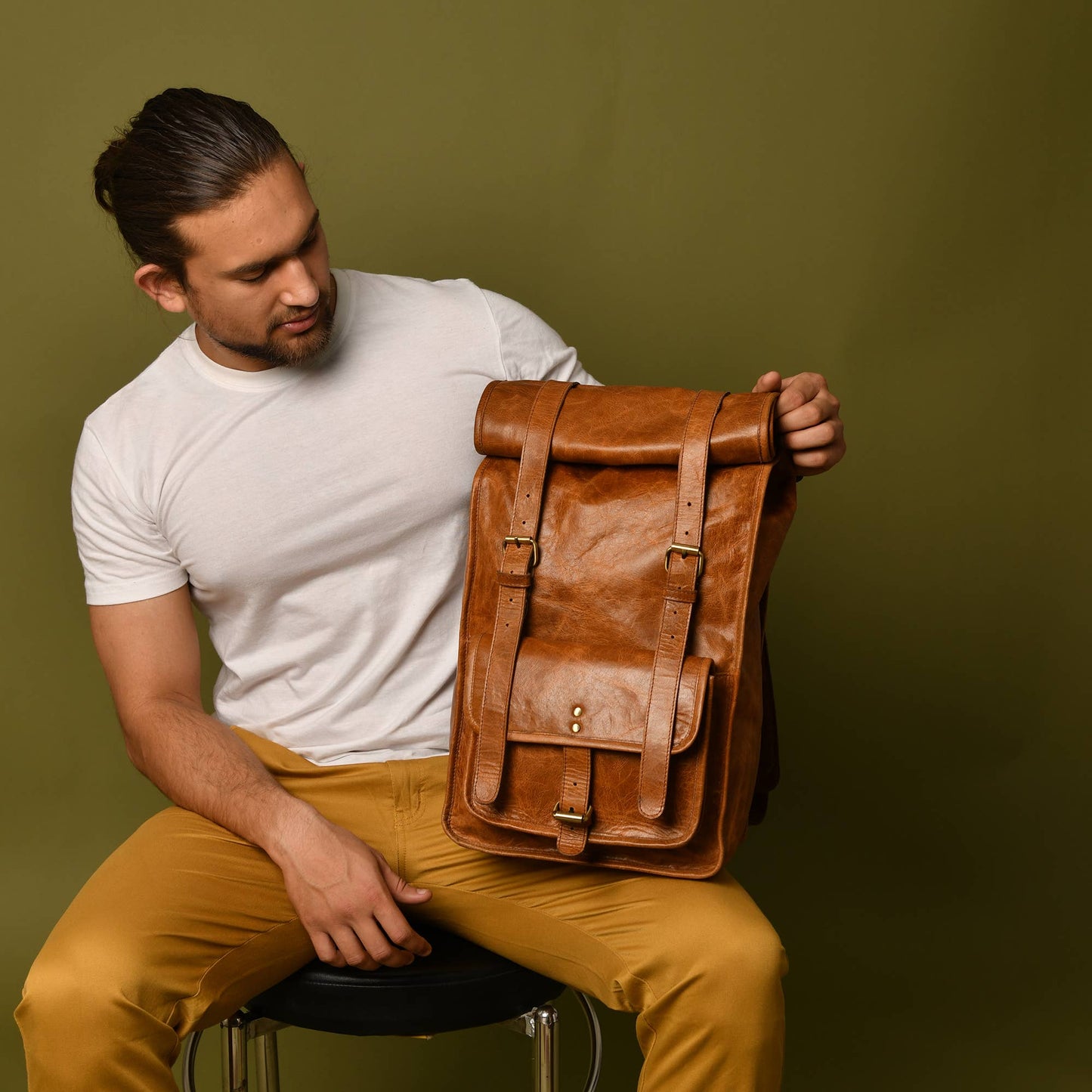 Tan Leather Rolltop Backpack