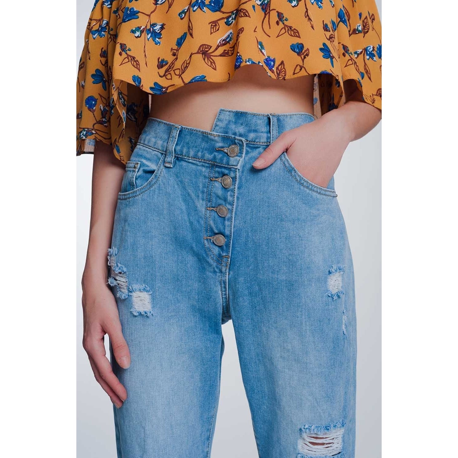 high waisted distressed mom jeans