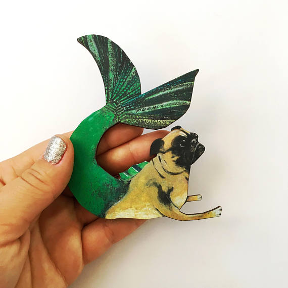 Mermaid Pug Wood Magnet