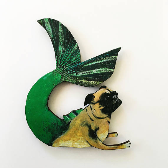  Mermaid Pug Wood Magnet