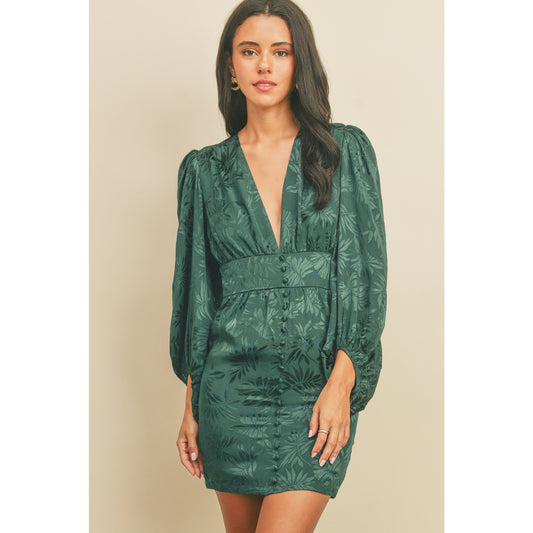 Emerald Green Jacquard Deep V Mini Dress